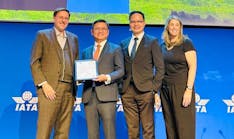 Hactl's Paul Cheng and Benny Siu (center), receive the Certificate of Recognition under the IATA Enhanced GSE Recognition Program at the IGHC from IATA's Massimo Cicetti (left) and Monika Mejstrikova (right).