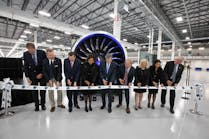 Pratt & Whitney leaders celebrate the conclusion of major construction at its new Asheville facility. (L to R) Jack Cecil, President - Biltmore Farms; P&W Asheville GM Dan Field; P&W President Shane Eddy; North Carolina Secretary of Commerce Machelle Baker Sanders; North Carolina Governor Roy Cooper; Buncombe County Commission Brownie Newman; P&W Chief Transformation Officer Jennifer Caruso; P&W SVP Operations Raquel Rivera; Golden Leaf Foundation President Scott Hamilton.