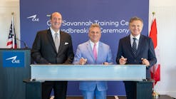 Gulfstream Aerospace President Mark Burns (left), Congressman Buddy Carter, and CAE President and CEO Marc Parent at the ceremonial ground breaking of the CAE Savannah Training Centre.